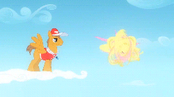 Size: 1280x720 | Tagged: safe, screencap, fluttershy, rivet, pegasus, pony, g4, hurricane fluttershy, season 2, animated, cloud, cloudsdale, cloudy, coach, duo, female, filly, filly fluttershy, flashback, flight camp, foal, gif, hat, loop, male, spin, stallion, whistle, younger