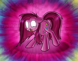 Size: 886x693 | Tagged: safe, artist:myhysteria, pinkie pie, earth pony, pony, g4, corrupted, drool, glowing eyes, messy mane, pinkamena diane pie, solo, tongue out