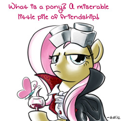 Size: 640x640 | Tagged: safe, artist:giantmosquito, fluttershy, butterfly, pegasus, pony, vampire, ask-dr-adorable, g4, castlevania, castlevania: symphony of the night, cloak, clothes, crossover, dr adorable, dracula, female, fluttershy is not amused, glass, hoof hold, looking at you, mare, meme, parody, safety goggles, signature, simple background, what is a man, white background