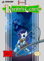 Size: 765x1053 | Tagged: safe, artist:foolyguy, nightmare moon, rarity, bat, g4, bipedal, box art, castlevania, castlevania ii, hoof hold, konami, nintendo entertainment system, parody, simon's quest, style emulation, video game, whip