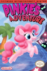 Size: 604x905 | Tagged: safe, artist:foolyguy, pinkie pie, parasprite, g4, box art, fourth wall, fourth wall destruction, kirby (series), kirby's adventure, nintendo, nintendo entertainment system, parody, style emulation, vacuum mouth