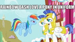 Size: 640x360 | Tagged: safe, edit, edited screencap, screencap, rainbow dash, pegasus, pony, a bird in the hoof, g4, season 1, armor, female, guard, image macro, pegasus royal guard, royal guard