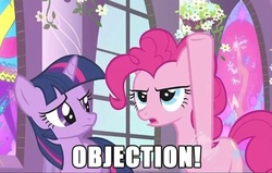 Size: 720x457 | Tagged: safe, pinkie pie, twilight sparkle, g4, image macro, meme, objection