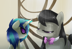 Size: 932x638 | Tagged: dead source, safe, artist:loyaldis, dj pon-3, octavia melody, vinyl scratch, earth pony, pony, unicorn, g4, bowtie, female, rain, sad, sunglasses, wet bowtie