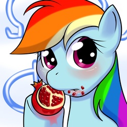 Size: 1000x1000 | Tagged: safe, artist:kloudmutt, rainbow dash, g4, blushing, female, food, fruit, herbivore, juices, messy, messy eating, pomegranate