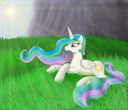 Size: 1400x1200 | Tagged: safe, artist:angelstar7, princess celestia, alicorn, pony, g4, day, female, lying down, mare, solo, sun