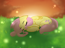 Size: 800x600 | Tagged: safe, artist:ruby-sunrise, fluttershy, firefly (insect), pegasus, pony, g4, eyes closed, female, floppy ears, folded wings, grass, mare, outdoors, sleeping, solo, wings