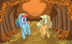 Size: 1280x782 | Tagged: safe, artist:cave-shinobi, applejack, rainbow dash, earth pony, pegasus, pony, fall weather friends, g4, duo, duo female, female, looking at each other, looking at someone, running, scene interpretation