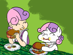 Size: 900x675 | Tagged: safe, artist:aa, sweetie belle, human, pony, unicorn, g4, burger, duo, female, filly, foal, food, human ponidox, humanized, veggie burger