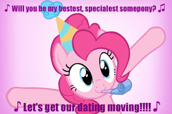 Size: 1164x771 | Tagged: safe, part of a set, pinkie pie, g4, cute, diapinkes, hat, looking at you, meme, party hat, random, special somepony, valentine
