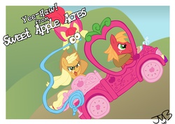 Size: 900x638 | Tagged: dead source, safe, artist:gamebuddy123, apple bloom, applejack, big macintosh, earth pony, pony, g4, apple bloom's bow, apple siblings, applejack truck, applejack's hat, bow, cowboy hat, female, filly, hair bow, hat, male, mare, mouth hold, postcard, rope, stallion, yeehaw