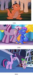 Size: 569x1296 | Tagged: safe, edit, edited screencap, screencap, master kenbroath gilspotten heathspike, spike, spike (g1), twilight sparkle, dragon, earth pony, pony, unicorn, friendship is magic, g1, g3, g4, my little pony 'n friends, baby, baby dragon, comparison, cropped, female, male, mare, unicorn twilight