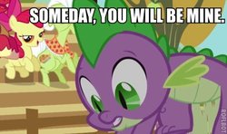 Size: 459x272 | Tagged: safe, edit, edited screencap, screencap, apple bloom, big macintosh, granny smith, spike, dragon, earth pony, pony, fall weather friends, g4, season 1, apple, apple bloom's bow, apple tree, bleachers, bow, caption, cropped, dialogue, duo focus, eyebrows, female, fence, filly, foal, food, hair bow, image macro, lidded eyes, looking at someone, male, mare, meme, outdoors, ship:spikebloom, shipping, stallion, straight, text, tree, unshorn fetlocks