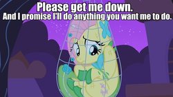 Size: 600x338 | Tagged: safe, edit, edited screencap, screencap, fluttershy, pony, g4, the best night ever, bondage, clothes, dress, female, gala dress, image macro, net, scratches, solo