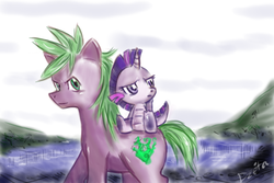 Size: 1500x1000 | Tagged: safe, artist:kutakoru, spike, twilight sparkle, dragon, earth pony, pony, g4, dragoness, dragonified, dragons riding ponies, female, male, ponified, ponified spike, riding, role reversal, species swap, stallion, twilidragon, what if