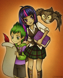 Size: 650x799 | Tagged: safe, artist:christinies, owlowiscious, spike, twilight sparkle, bird, human, owl, g4, book, clothes, female, humanized, male, scroll, skirt, writing