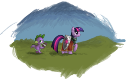 Size: 1024x658 | Tagged: safe, artist:shinobody, spike, twilight sparkle, pony, unicorn, g4, armor, coconut, duo, food, grass, grass field, medieval, shield