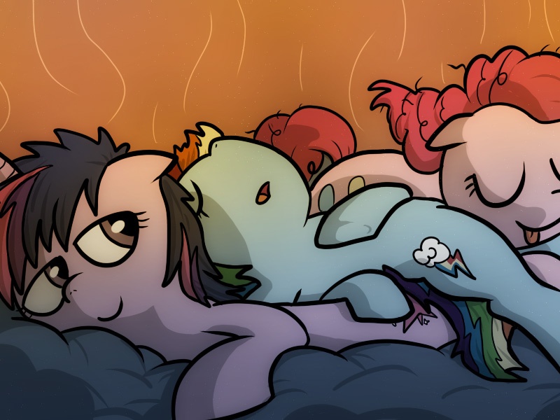 Size: 800x600 | Tagged: safe, artist:pokehidden, pinkie pie, rainbow dash, twilight sparkle, earth pony, pegasus, pony, unicorn, bed mane, cuddle puddle, cuddling, cuddling in bed, cute, debate in the comments, featured image, female, implied sex, implied threesome, in bed, indoors, lesbian, mare, pinkiedash, pony pile, sexy, shipping, sleeping, snuggling, tongue out, twidash, twidashpie, twinkie