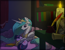 Size: 1300x1000 | Tagged: dead source, safe, artist:probablyfakeblonde, princess celestia, princess luna, twilight sparkle, alicorn, pony, unicorn, g4, book, bookshelf, candle, drapes, eyes closed, feather, female, filly, fire, folded wings, horn, indoors, inkwell, jewelry, looking down, lying down, mare, momlestia, night, on side, peytral, photo, pink-mane celestia, regalia, scroll, sleeping, smiling, table, tail, tiara, trio, trio female, wings, younger