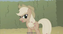 Size: 1280x705 | Tagged: safe, screencap, applejack, earth pony, pony, g4, the return of harmony, canterlot hedge maze, discorded, female, hedge maze, maze, solo, youtube caption