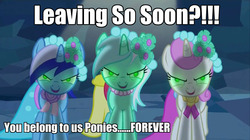 Size: 1280x717 | Tagged: safe, edit, edited screencap, screencap, lyra heartstrings, minuette, twinkleshine, pony, unicorn, a canterlot wedding, g4, season 2, background pony, bridesmaid dress, caption, clothes, crystal caverns, dress, female, forever, image macro, impact font, join the herd, mare, mind control, random, welcome to the herd