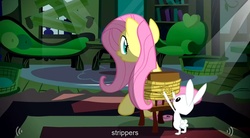 Size: 1280x704 | Tagged: safe, edit, edited screencap, screencap, angel bunny, fluttershy, pegasus, pony, rabbit, g4, my little pony: friendship is magic, putting your hoof down, animal, bondage, caption, chair, female, male, mare, rope, rope bondage, sitting, strippers, text, tied up, youtube caption