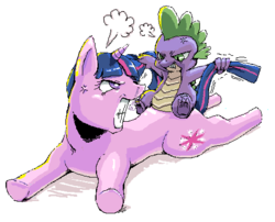 Size: 488x394 | Tagged: safe, artist:usappy-barkhaward, spike, twilight sparkle, dragon, pony, unicorn, g4, abuse, angry, duo, duo male and female, female, fight, horn, male, twilybuse, wingless spike