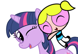 Size: 1338x924 | Tagged: safe, artist:syggie, twilight sparkle, pony, unicorn, g4, bubbles (powerpuff girls), crossover, cute, female, hug, mare, simple background, tara strong, the powerpuff girls, twiabetes, unicorn twilight, voice actor joke, white background