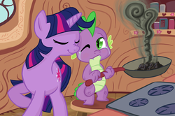 Size: 1078x715 | Tagged: safe, artist:gingermint, artist:icekatze, spike, twilight sparkle, g4, burned, comforting, crying, nuzzling