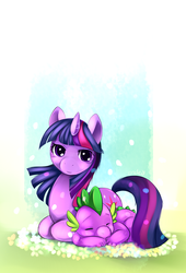 Size: 825x1211 | Tagged: safe, artist:ende26, spike, twilight sparkle, g4, blushing, cuddling, cute, duo, eyes closed, flower, lidded eyes, mama twilight, petals, prone, shiny, sleeping, smiling, snuggling, spikelove
