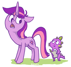 Size: 500x471 | Tagged: dead source, safe, artist:gearfish, spike, twilight sparkle, dragon, pony, unicorn, g4, :t, baby, baby dragon, duo, female, looking at each other, looking at someone, male, mare, open mouth, paper, purple coat, purple eyes, purple fur, purple hair, purple mane, purple tail, quill, signature, simple background, tail, two toned hair, two toned mane, two toned tail, unicorn twilight, white background
