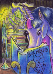 Size: 400x552 | Tagged: safe, artist:eviecats, spike, twilight sparkle, g4, realistic, traditional art