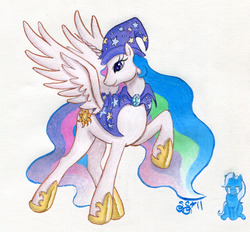 Size: 913x849 | Tagged: safe, artist:alipes, princess celestia, trixie, alicorn, pony, g4, accessory swap, cape, clothes, crying, damage, hat, sad, the great and powerful, traditional art, wizard hat