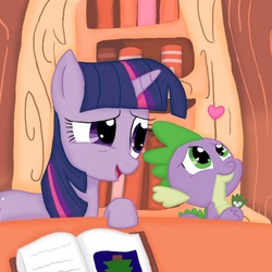 Size: 600x600 | Tagged: safe, artist:poppun, spike, twilight sparkle, pony, unicorn, g4, book, golden oaks library, heart