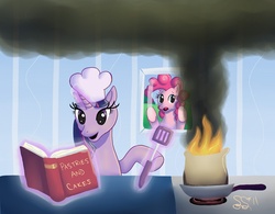 Size: 1144x893 | Tagged: safe, artist:alipes, pinkie pie, twilight sparkle, earth pony, pony, unicorn, g4, book, chef's hat, cooking, fire, hat, lethal chef, this will end in tears, this will end in tears and/or breakfast, unicorn twilight, xk-class end-of-the-kitchen scenario