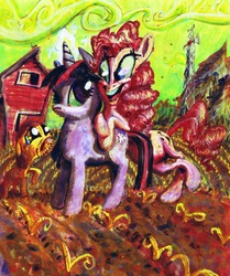 Size: 1143x1365 | Tagged: safe, artist:porkcow, apple bloom, pinkie pie, twilight sparkle, g4, creepy, sweet apple acres