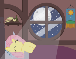 Size: 1000x773 | Tagged: safe, artist:alextheartsy, fluttershy, pegasus, pony, g4, bed, blanket, crepuscular rays, eyes closed, female, full moon, indoors, interior, lying down, mare, moon, moonlight, night, on back, sleeping, smiling, solo, window