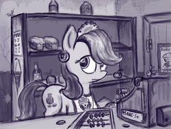 Size: 1024x768 | Tagged: safe, artist:agm, earth pony, parasprite, pony, abacus, apple, apron, ball frame, calendar, clothes, counter, female, mare, russian, soviet, soviet union