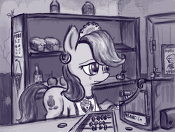 Size: 1024x768 | Tagged: safe, artist:agm, oc, oc only, pony, apple, apron, ball frame, calendar, clothes, counter, female, mare, poster, russian, sad, shop, soviet union