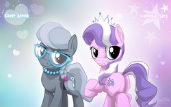 Size: 1680x1050 | Tagged: safe, artist:mysticalpha, diamond tiara, silver spoon, earth pony, pony, g4, braid, butt, dock, duo, duo female, female, filly, foal, glasses, jewelry, looking at you, necklace, plot, tiara, wallpaper