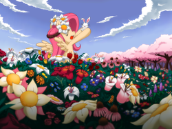 Size: 1195x894 | Tagged: safe, artist:paradise-wonder, angel bunny, fluttershy, pegasus, pony, rabbit, animal, beautiful, bipedal, cherry blossoms, cloud, cute, eyes closed, female, field, floral head wreath, flower, flower blossom, flower field, flower in hair, happy, hippie, hippieshy, holding, hoof hold, mare, open mouth, pixiv, shyabetes, sky, smiling, spread wings, sweet dreams fuel, toss, tree
