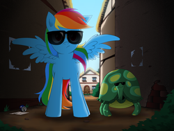 Size: 1190x900 | Tagged: safe, artist:paradise-wonder, rainbow dash, tank, pegasus, pony, g4, alley, female, looking at you, sunglasses, swag
