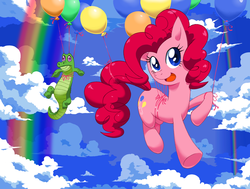 Size: 1190x898 | Tagged: dead source, safe, artist:paradise-wonder, gummy, pinkie pie, rainbow dash, alligator, earth pony, pony, reptile, g4, balloon, cloud, female, floating, mare, open mouth, sky, then watch her balloons lift her up to the sky