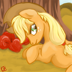 Size: 550x550 | Tagged: safe, artist:outcastermine, applejack, earth pony, pony, g4, apple, day, female, looking back, lying down, mare, solo