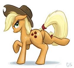 Size: 786x717 | Tagged: safe, artist:gsphere, applejack, earth pony, pony, g4, blushing, butt, female, plot, raised hoof, solo, tail wrap