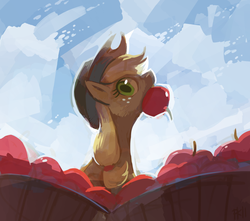 Size: 1280x1131 | Tagged: safe, artist:purplekecleon, applejack, earth pony, pony, g4, apple, barrel, digital painting, female, freckles, mare, mouth hold, solo