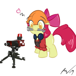 Size: 512x512 | Tagged: safe, apple bloom, g4, adorabloom, crossover, cute, engie bloom, engineer, engineer (tf2), mini sentry, red, sentry, team fortress 2