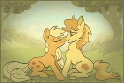 Size: 1113x753 | Tagged: safe, artist:iveechan, applejack, braeburn, earth pony, pony, g4, applecest, duo, female, incest, kissing, male, mare, ship:braejack, shipping, stallion, straight