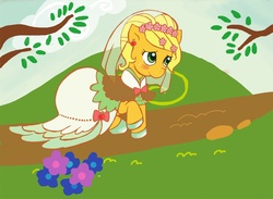 Size: 1181x863 | Tagged: safe, artist:ozu, applejack, earth pony, pony, g4, clothes, dress, female, floral head wreath, flower, solo, veil, wedding dress