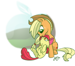 Size: 1132x1000 | Tagged: safe, artist:probablyfakeblonde, apple bloom, applejack, earth pony, pony, g4, apple sisters, duo, female, filly, foal, mare, siblings, simple background, sisters, transparent background